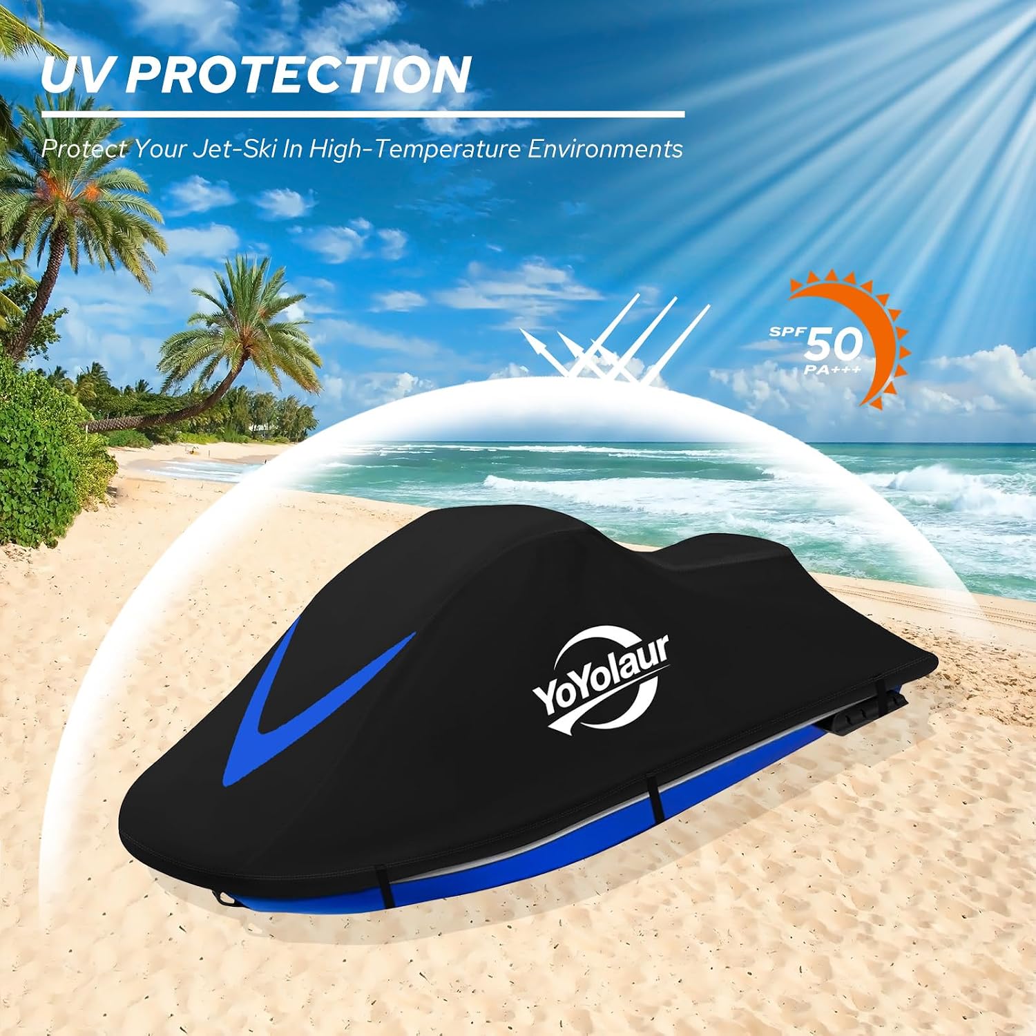 Waterproof Jet Ski Cover 2-3 Seater - Compatible with Yamaha Sea-Doo Kawasaki, 300D Trailerable PWC Cover Marine Grade UV Protection, Fit for 2-3 Seater Lengths 115'' to 120"（Blue）