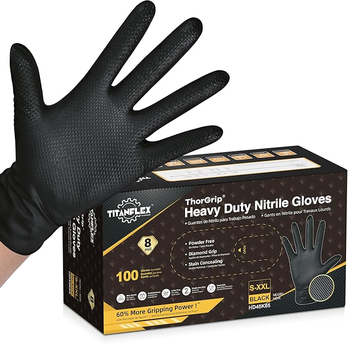 TitanFlex Thor Grip Heavy Duty Black Industrial Nitrile Gloves by TitanFlexDisposableGloves