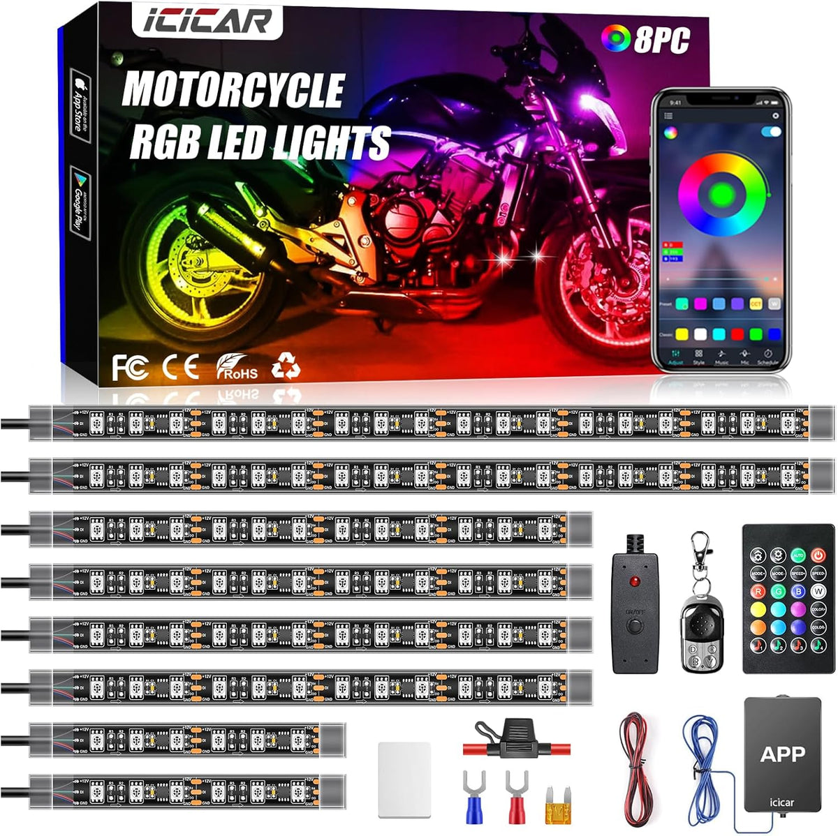 motorcycle rgb led light kit with app/rf control, main product view