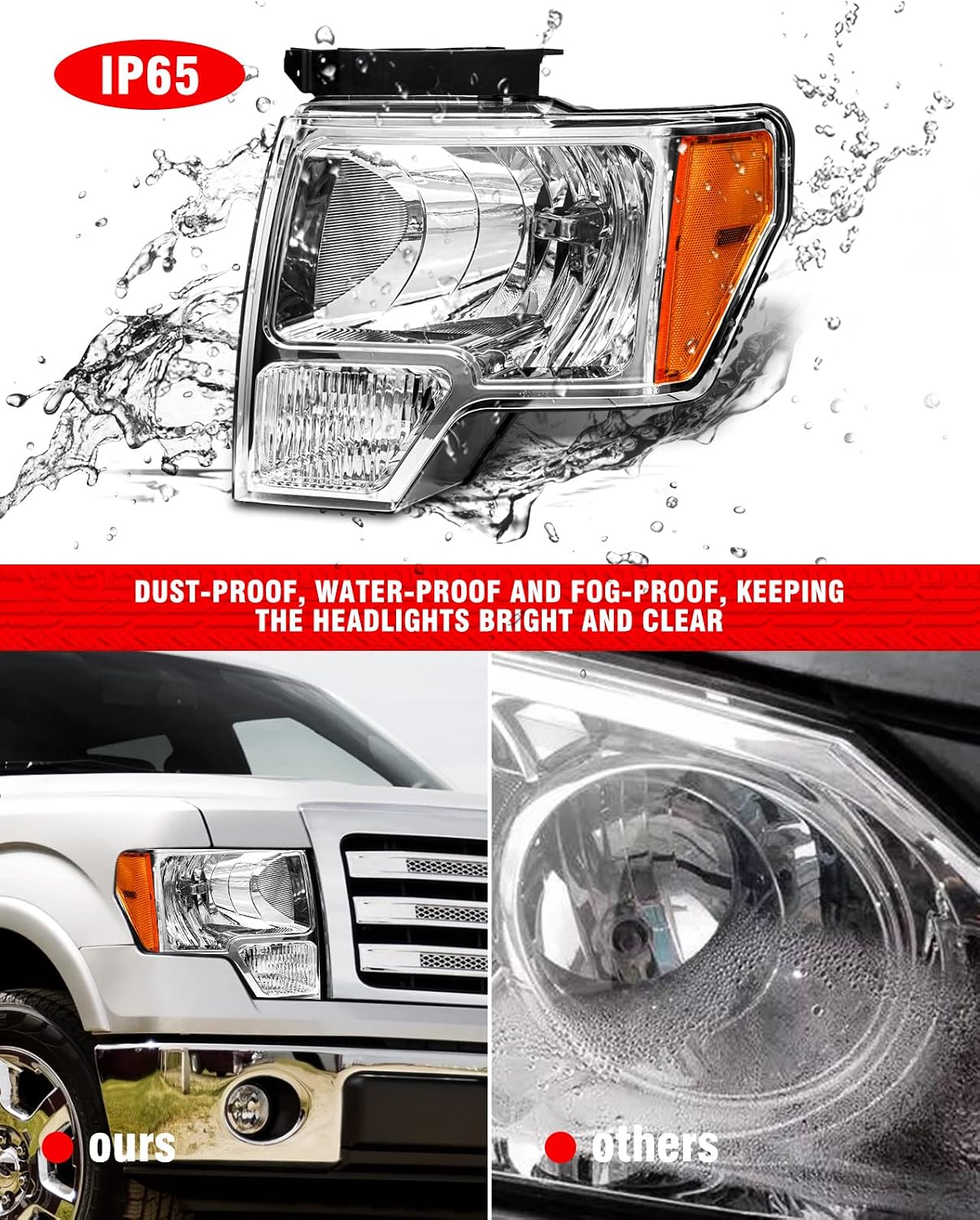 2009 2010 2011 2012 2013 2014 Ford F150 Pickup Headlight Assembly for 09-14 Ford F150 Clear Lens Chrome Housing with Amber Reflector Headlamp Replacement Left and Right Pair（W/O Bulbs）