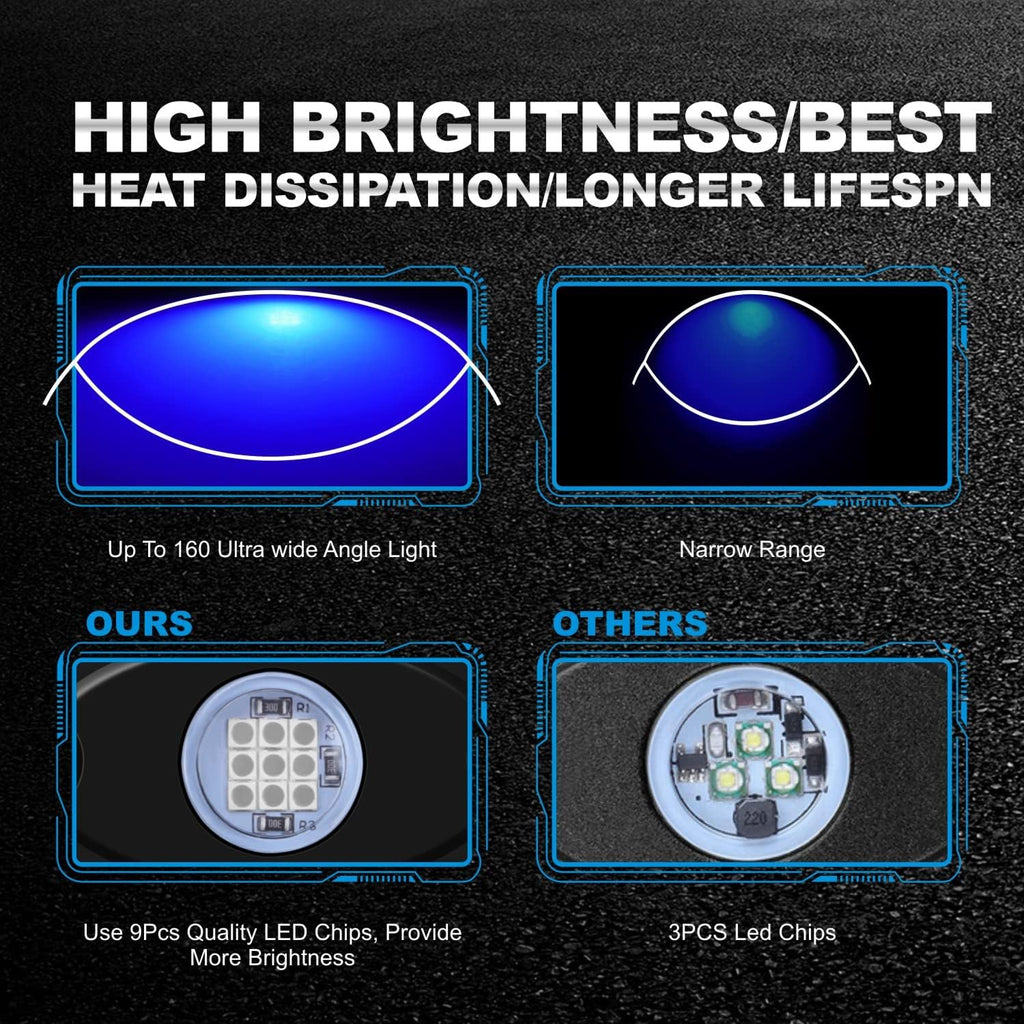 LED Rock Lights 8 Pods Blue for Truck Motorcycle Car Shockproof Waterproof Underbody Glow Neon Trail Rig Fender Lighting