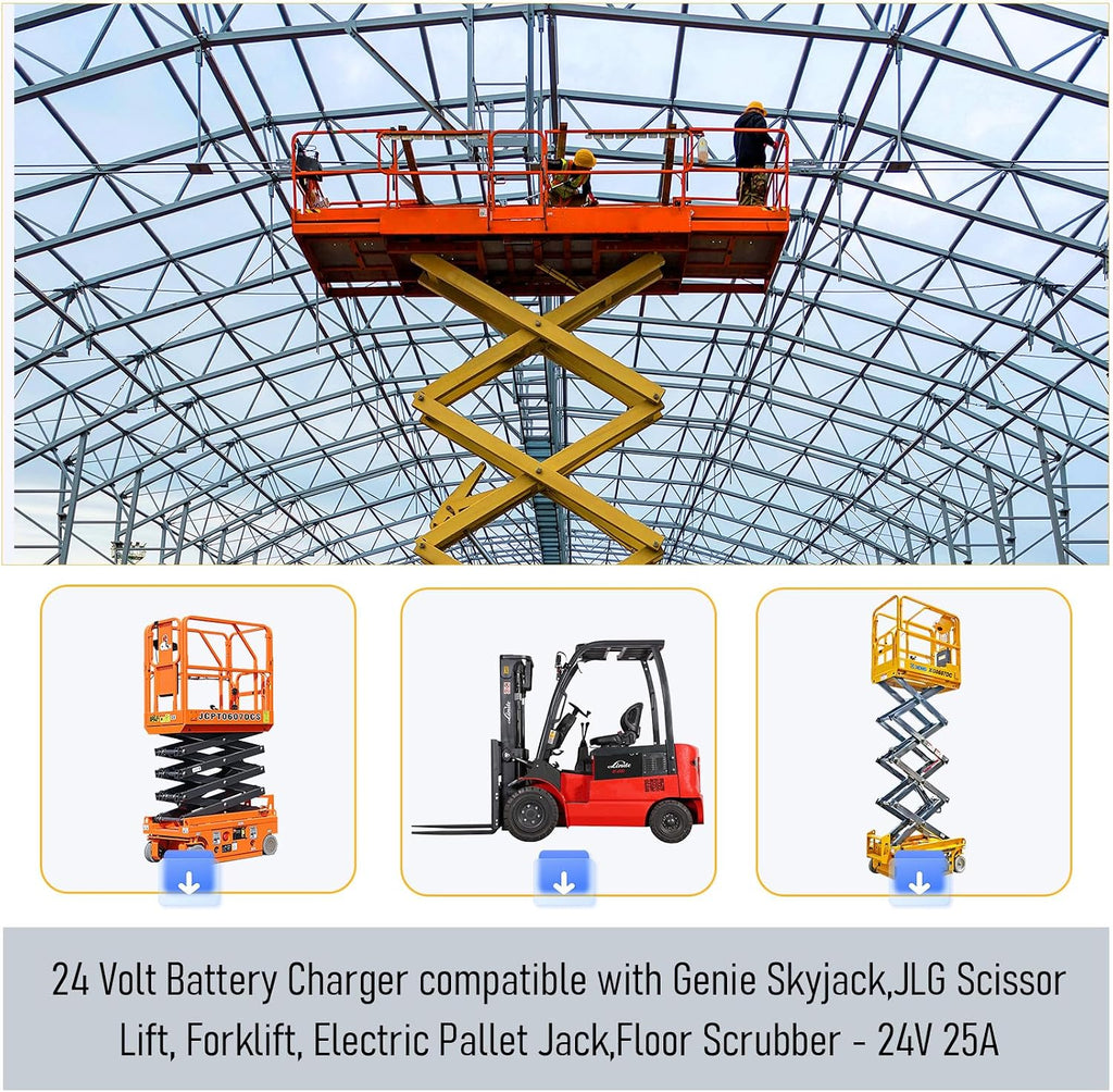 24V 25A Scissor Lift Battery Charger, 24V Golf Cart Battery Charger, 24 Volt Battery Charger for JLG Scissor Lift, Forklift, Genie Skyjack, Electric Pallet Jack, Floor Scrubber