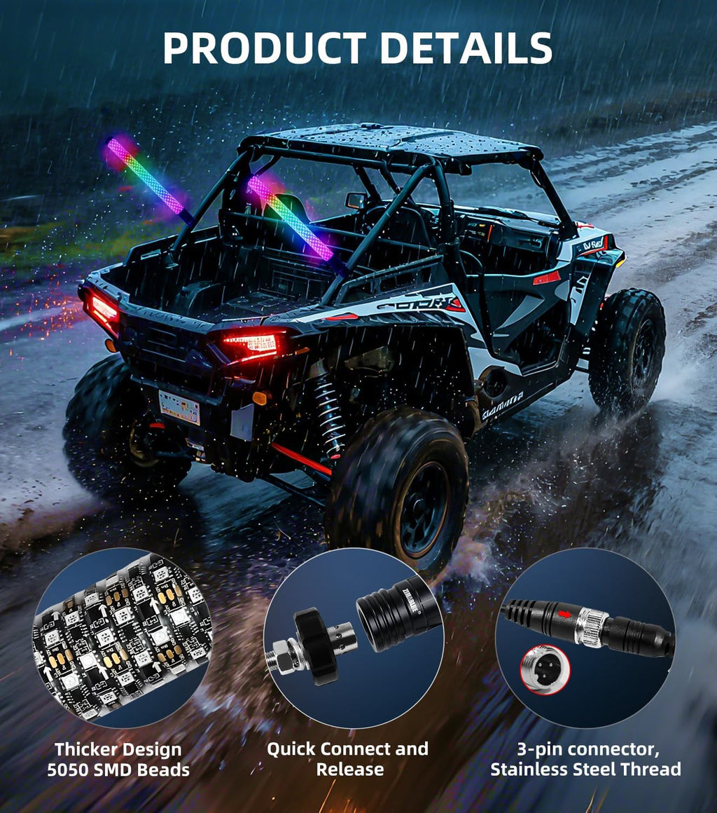 ZIMABLUE 2PC 2FT Fat Whip Lights for Side by Side, App & Remote Control RGB Chasing Light Whip with 3 Switchs for ATV UTV Dune Buggy Truck,LED Whip Light Compatible with Polaris RZR Can-Am Maverick X3