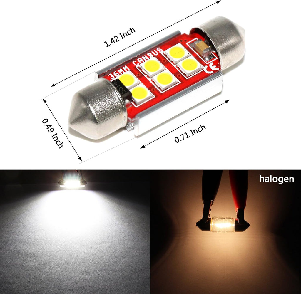 PHINLION 6418 36mm Festoon White LED Bulbs, Super Bright 500 Lumens 3030 6-SMD Canbus C5W 6461 DE3425 DE3423 LED Replacement for Car Interior Map Dome Trunk License Plate Lights, Pack of 2