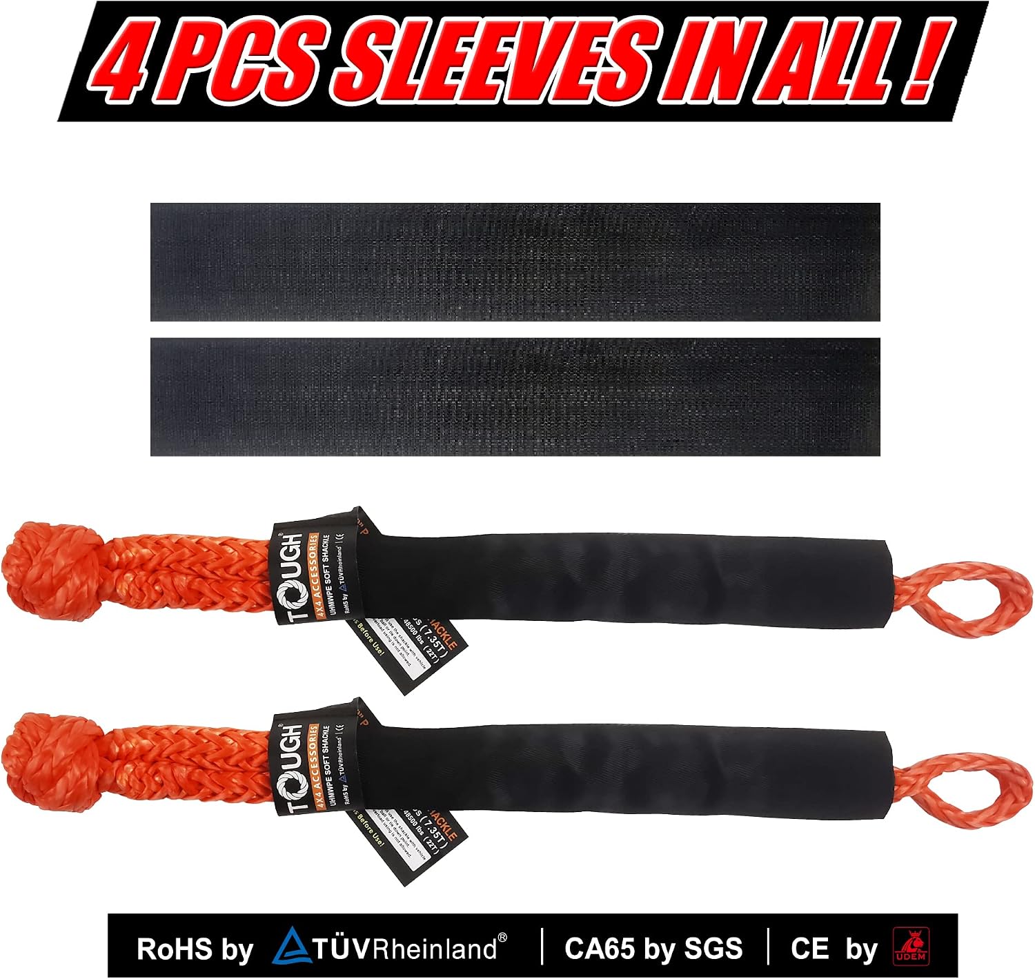 TOUGH 2 Pcs Synthetic Soft Shackle 1/2 x 22 Inch (55,000lbs Breaking Strength) Rope Shackle with 4 Sleeves for Sailing SUV ATV Truck Jeep Off Road Recovery (1/2" X22" Plus, Orange 2-Pack, 2)