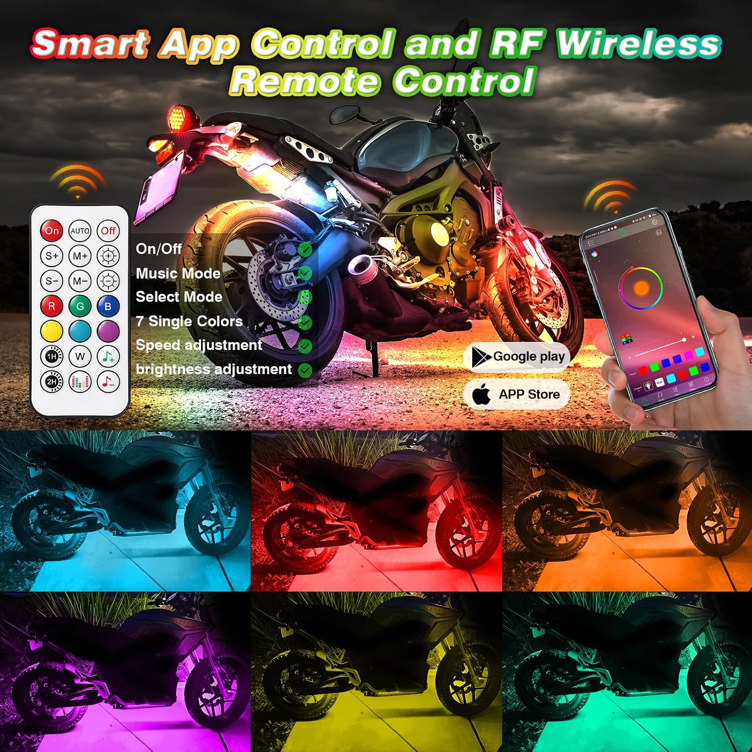 8PCS Chasing Dreamcolor Motorcycle LED Lights Kit with/APP/RF Remote Brake Turn Signal,RGB+IC Motorcycle underglow LED Strip Lights 12v Waterproof Music Mode Multicolor for Harley Honda Yamaha