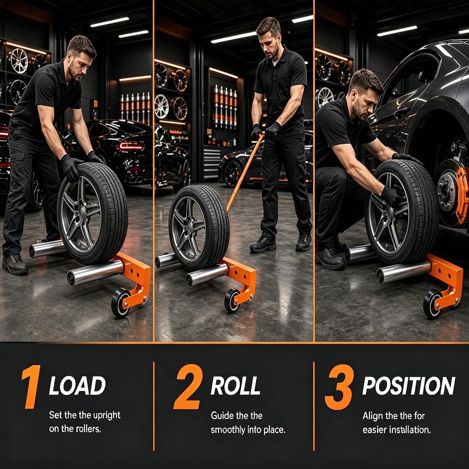 Tire Wheel Dolly, 330LBS Heavy Duty Adjustable Tire Lifter Dolly for Changing and Moving Tires, 12"-24" Width, 360° Rotatable Rollers, Ergonomic Handle, for Semi Truck SUV ATV RV Trailer Garage