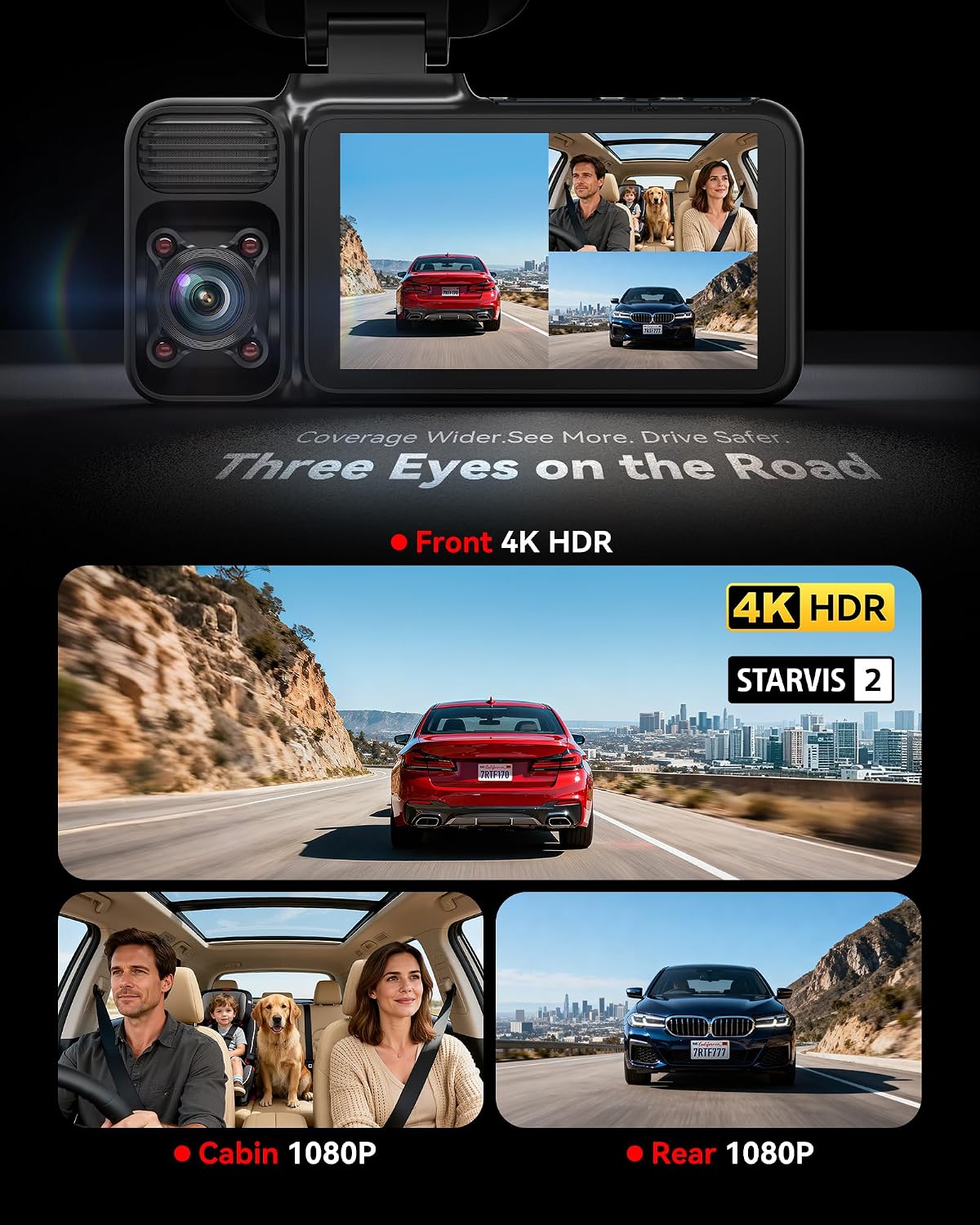 redtiger f17 4k 3ch dash cam, starvis 2 shown in use