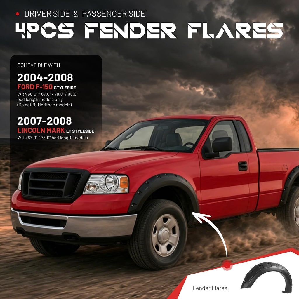 ALMULOO 4Pcs Fender Flares Compatible with 2004-2008 Ford F-150 & 2007-2008 Lincoln Mark LT Styleside w/66.0" / 67.0" / 78.0" / 96.0" bed length models Wheel Arch Covers Plastic(PP) Textured Black