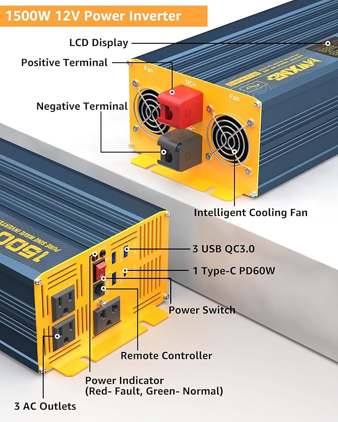 1500W/3000W Power Inverter Pure Sine Wave DC 12V to 110V 120V AC Converter 3 AC - Image 2