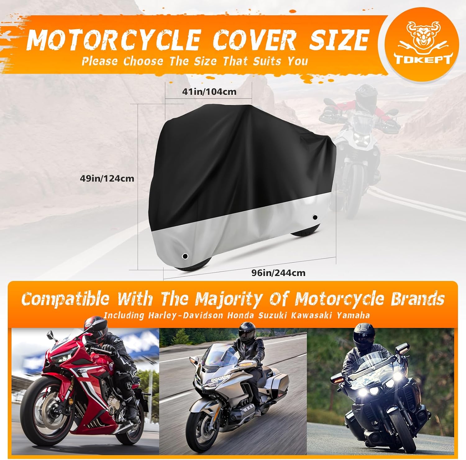 Motorcycle Cover Waterproof Outdoor Protection with Lock-Holes & Storage Bag Fits up to 96" Motorcycles Vehicle Cover for Harley Davidson Honda Suzuki Kawasaki Yamaha (XL Black&Silvery)
