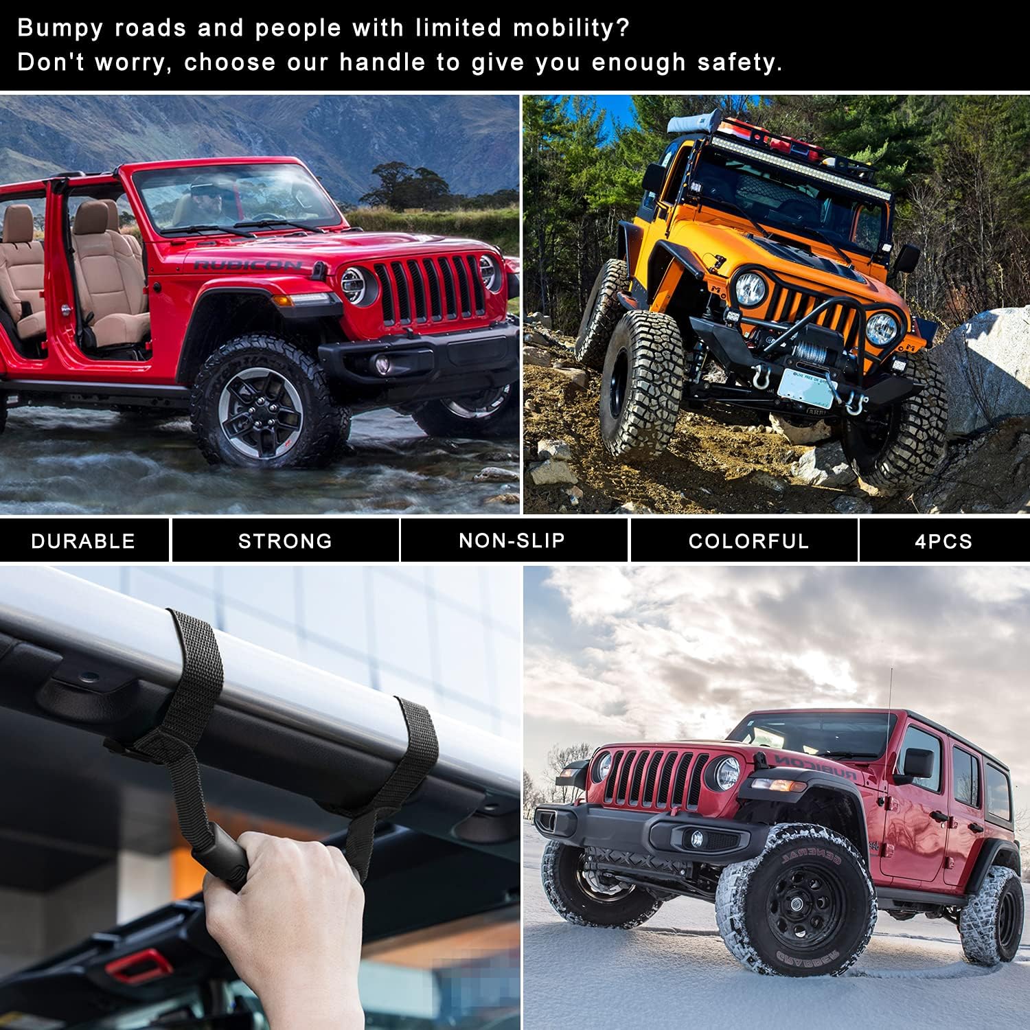 Danti 4 x Grab Handles Grip Handle For Jeep Wrangler YJ TJ JK JKU Sports Sahara Freedom Rubicon X & Unlimited X 2/4 door Roll Bar 1995-2016