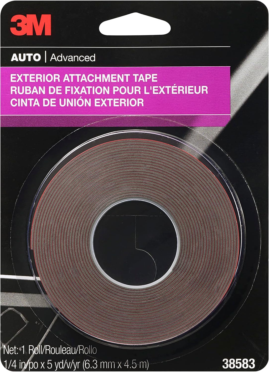 3M Exterior Attachment Tape, Ideal for Moldings, Emblems and Trim, 1/4 in width x 5 yards in length, 1 roll