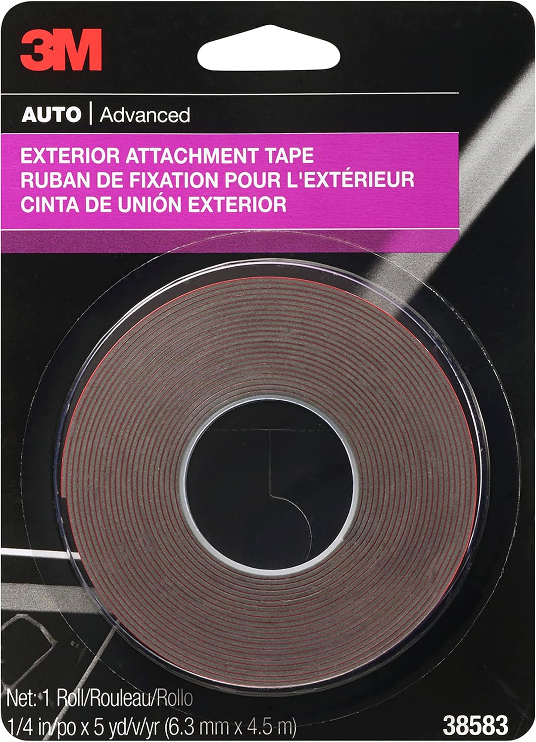 3M Exterior Attachment Tape, Ideal for Moldings, Emblems and Trim, 1/4 in width x 5 yards in length, 1 roll