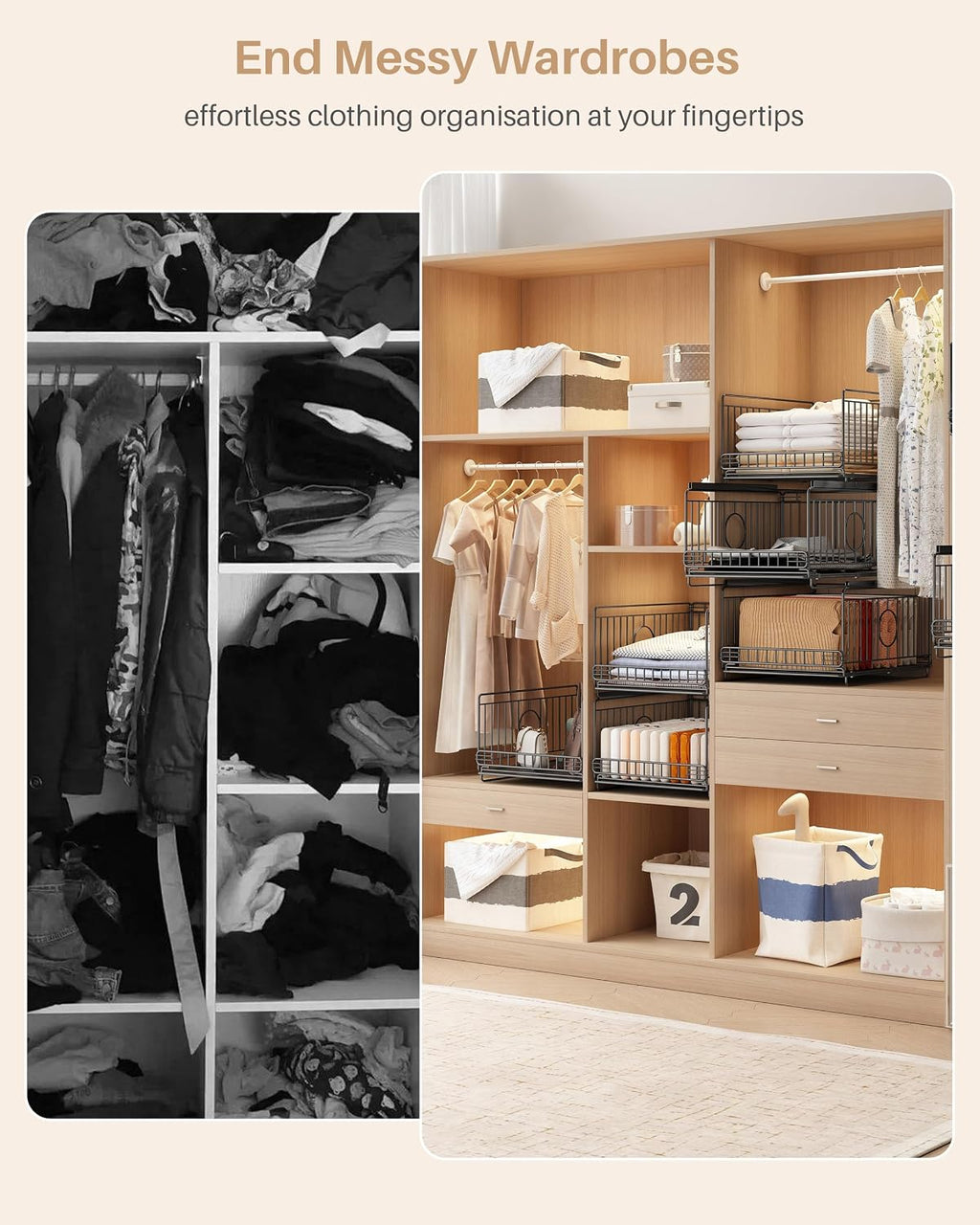 sliding stackable closet organizer storage basket,black showing dimensions