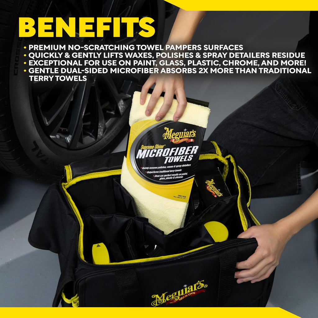 Meguiar's Supreme Shine Microfiber Towels for Cars, Absorbent Ultra-Plush Car Microfiber Towel Set for Effectively Removing Car Care Products Without Leaving Swirls, 3 Pack