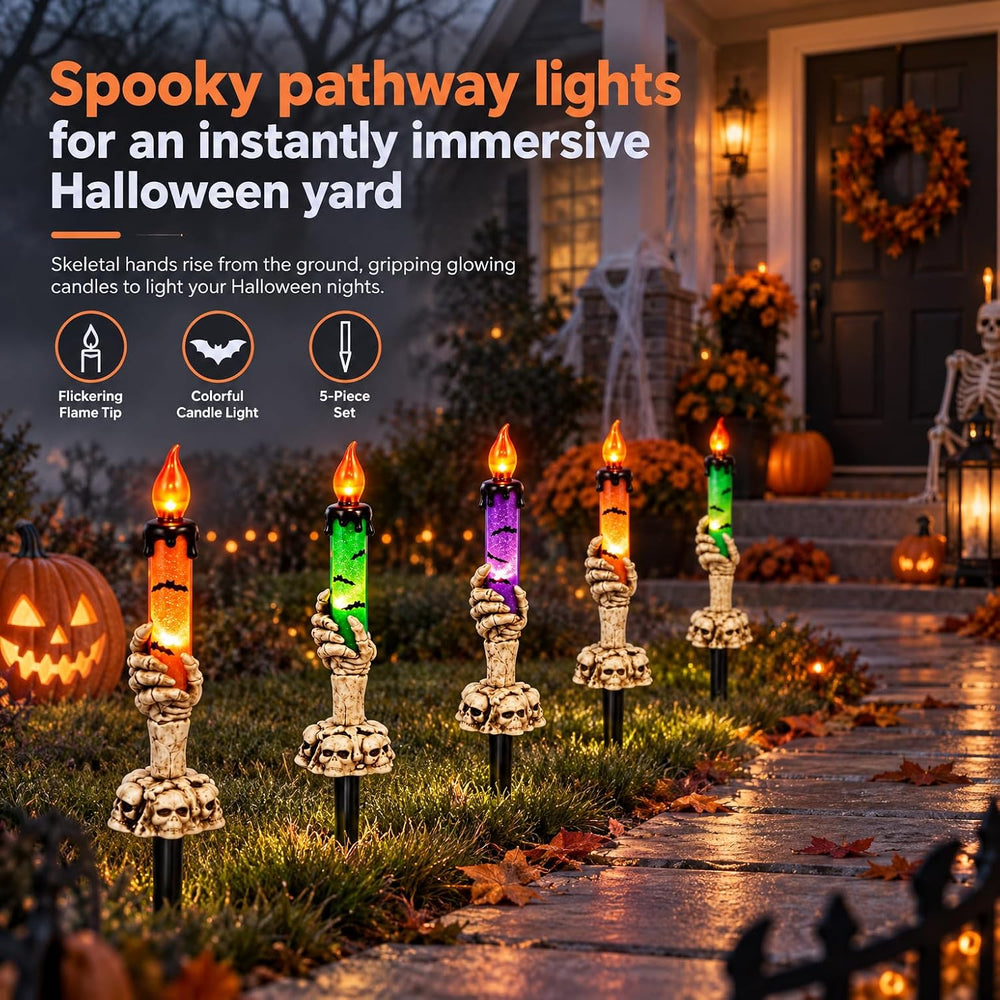5-Pack Halloween Pathway Lights, Skeleton Hand Candle Yard Stakes
