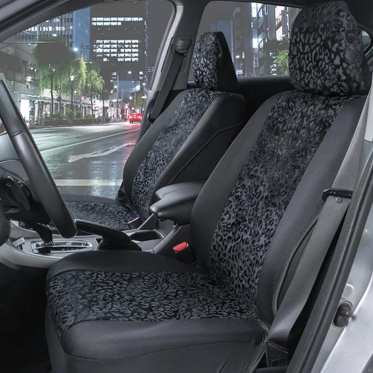 bdk black leopard car seat covers for front shown in use