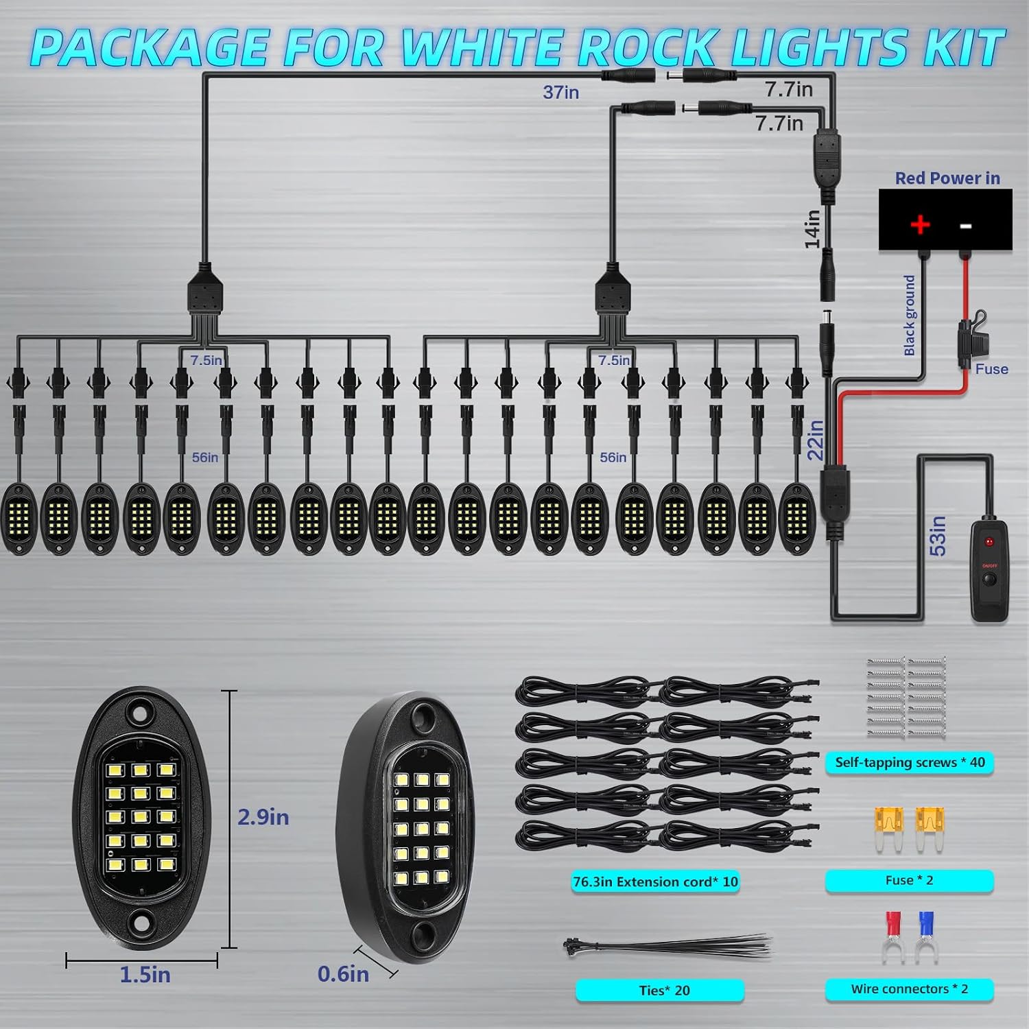20Pods All Pure White LED Rock Lights Full Kit Plug and Play & Pre Wired 6500K with Switch Wiring Harness Extension Fuse Long Wires, 300Chips Waterproof Underglow 12V for Semi Trucks Pickup Offroad