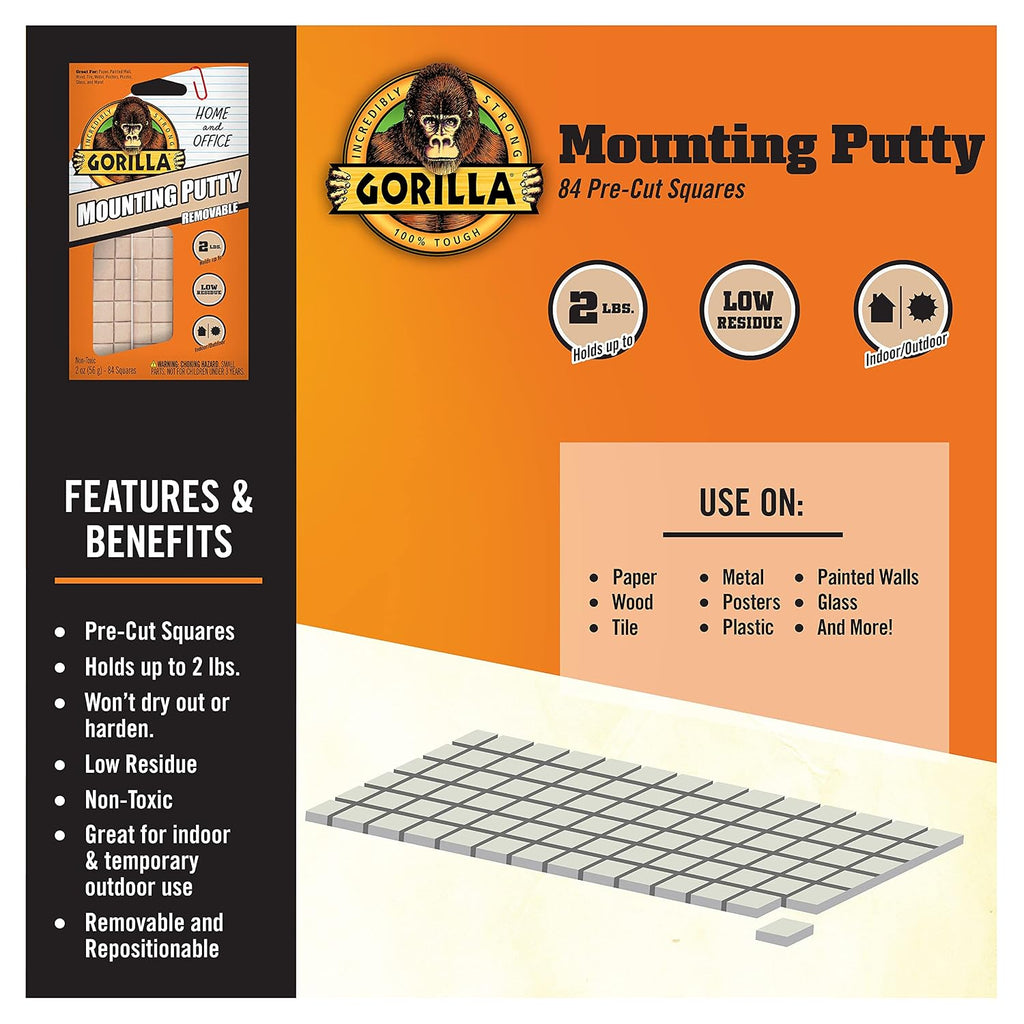 gorilla mounting putty, natural tan color, 84 pre-cut showing dimensions