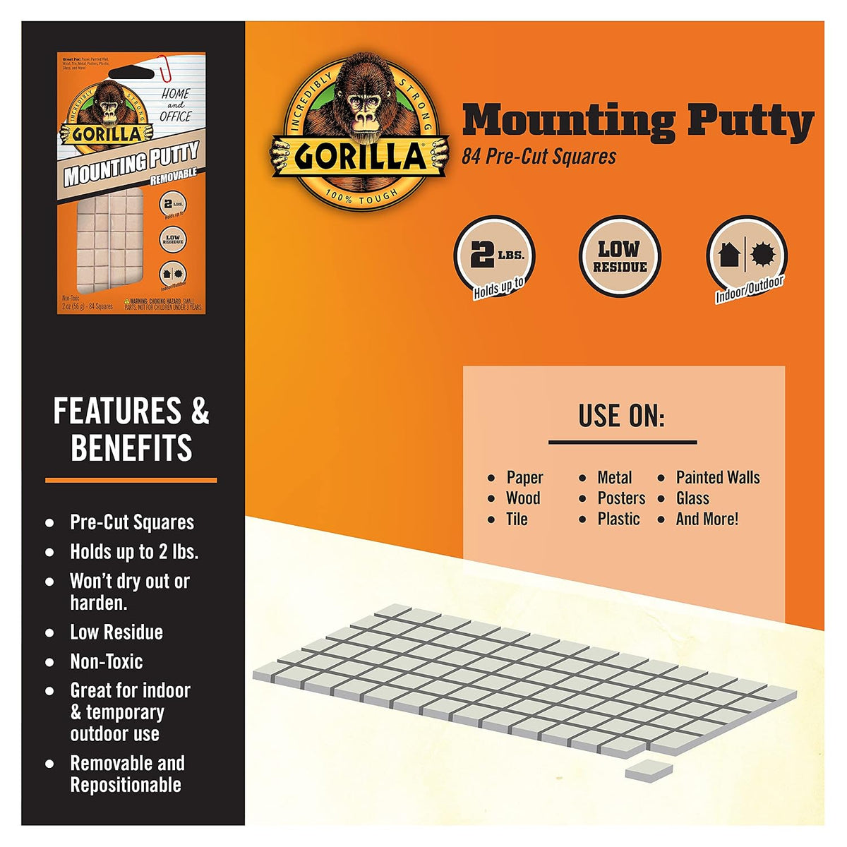 gorilla mounting putty, natural tan color, 84 pre-cut showing dimensions
