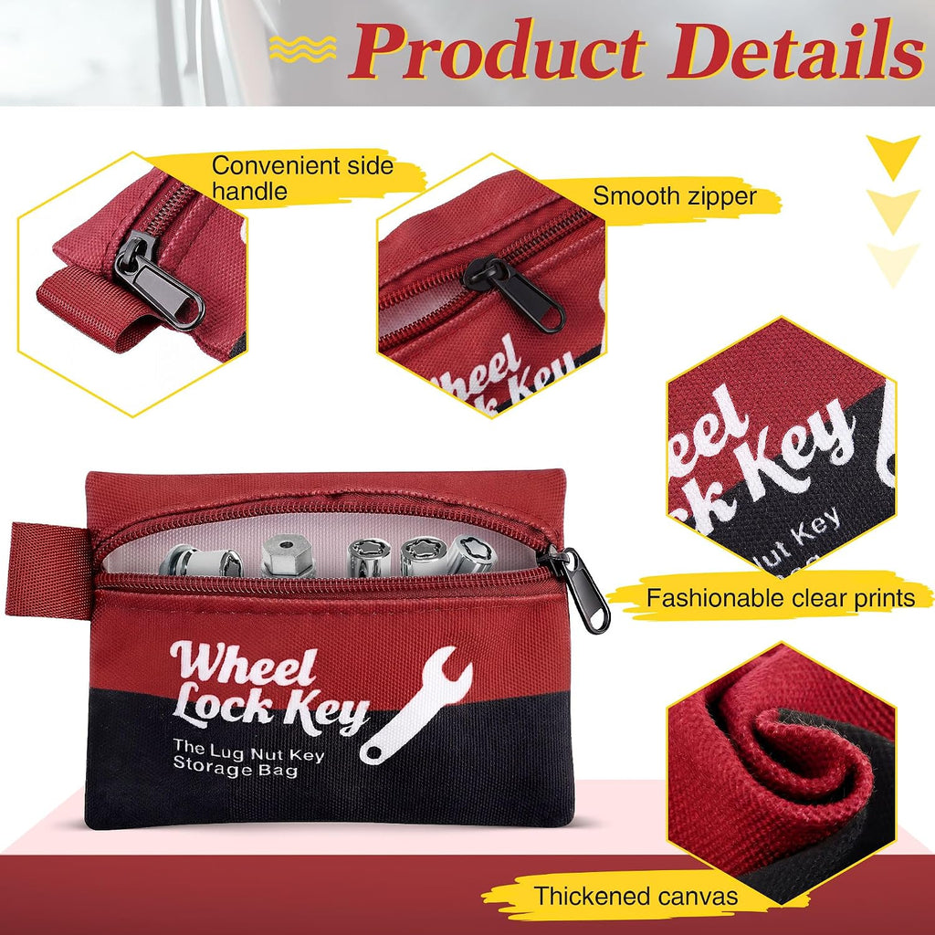 Saillong 2Pack Wheel Lock Key Storage Pouch, Canvas Wheel Lock Key Storage Bag with Zipper, Easily and Safely Stores Locks, Locking Nuts, Nut Keys Spare Lug Nuts, and More(Red)