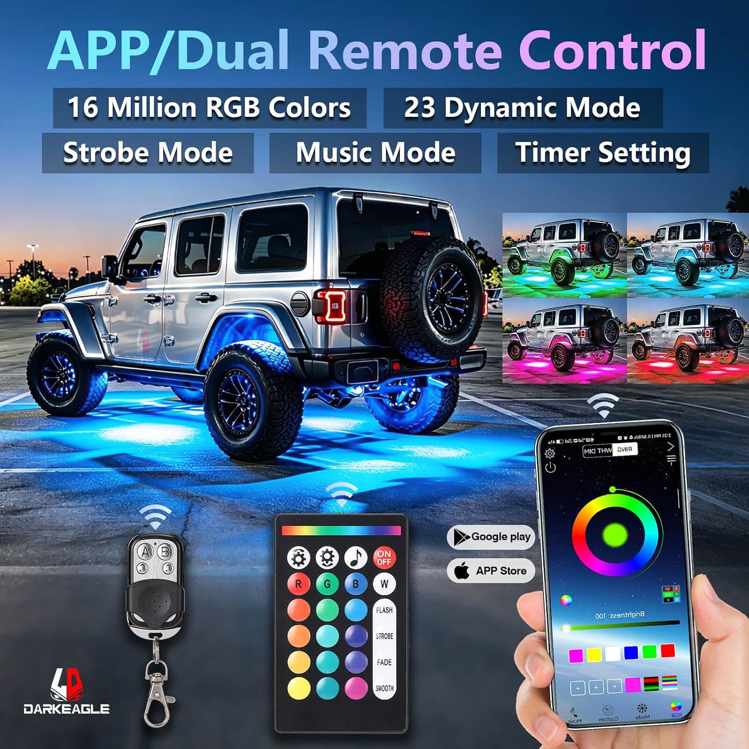 8Pods Full Angle RGB LED Rock Lights Full Kit for Jeep Trucks ATV UTV SXS RZR SUV Golf Cart Offroad Pickup, 240Chip Waterproof Multicolor Underglow Light with APP/RF Remote, Neon Underbody Accent 12V