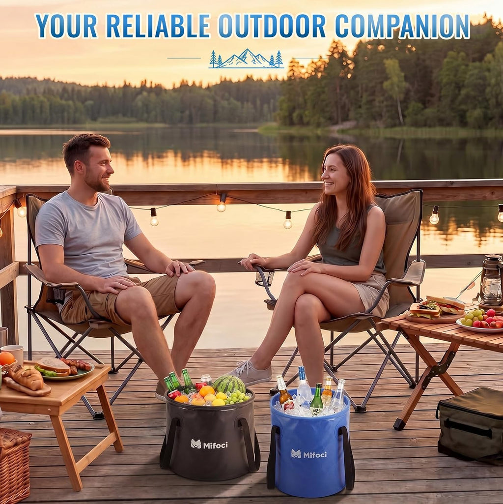 Mifoci 2 Pcs Collapsible Bucket 5 Gallon and 8 Gallon with Handle Portable Foldable Bucket for Camping Fishing Sturdy Leakproof Collapsible Cleaning Buckets for Car Wash RV Outdoor (Black,Dark Blue)