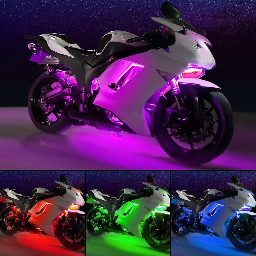 Motorcycle LED Underglow Kit, icicar 12 Pcs APP/RF Control Multicolor Motorcycle LED Light Kit with Brake Turn Signal, IP68 Waterproof & Music Sync Ambient Light for Motorcycles