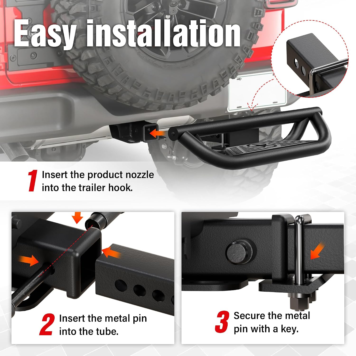 YZONA Tow Hitch Step Trailer for 2 Inch Receiver, with Pin Lock & U-Bolts Stabilize, Compatible with Pickups Trucks Vans SUVs ATVs, Towing Bumper Guard Protector Rear bar (Heavy-Duty Carbon Steel)
