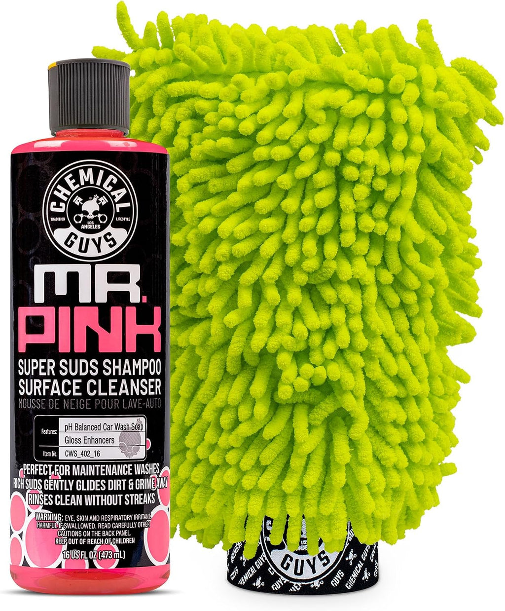 Chemical Guys Mr. Pink Car Wash Soap & Chenille Wash Mitt Kit - 16 oz High Foaming Auto Shampoo with Plush Microfiber Mitt - Safe for Cars, Trucks, Motorcycles, and RVs - Scratch-Free Cleaning Combo