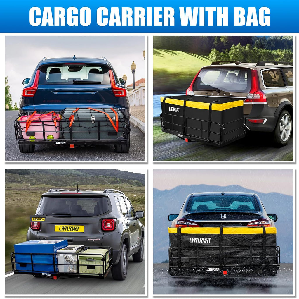 LWTURMRT Trail Hitch Mount Cargo Carrier Basket 58" x 24" x 14" Folding Vehicle Cargo Baskets Fits 2" Receiver with 2" Hitch Stabilizer for SUV can Holder 500LBS (14" high Black+Bag)