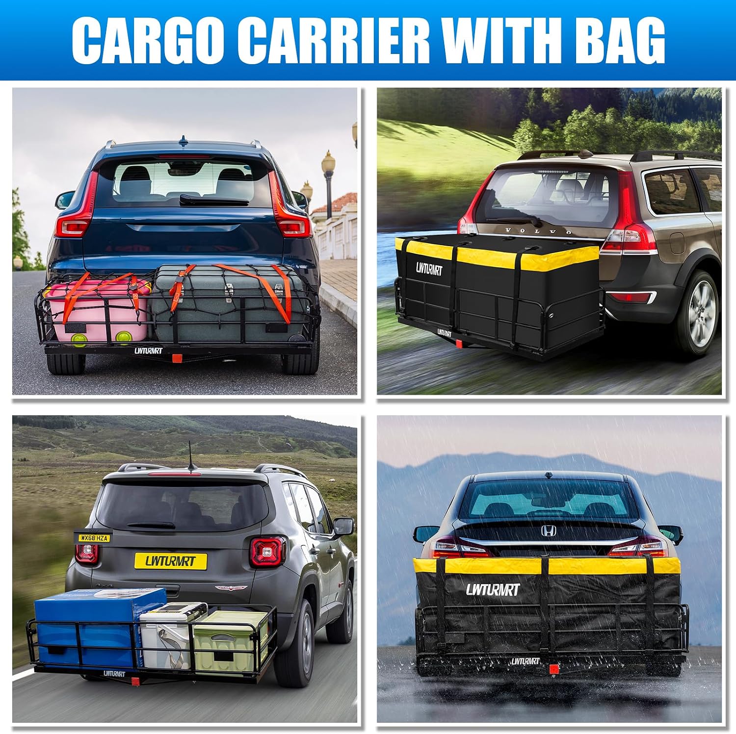 LWTURMRT Trail Hitch Mount Cargo Carrier Basket 58" x 24" x 14" Folding Vehicle Cargo Baskets Fits 2" Receiver with 2" Hitch Stabilizer for SUV can Holder 500LBS (14" high Black+Bag)