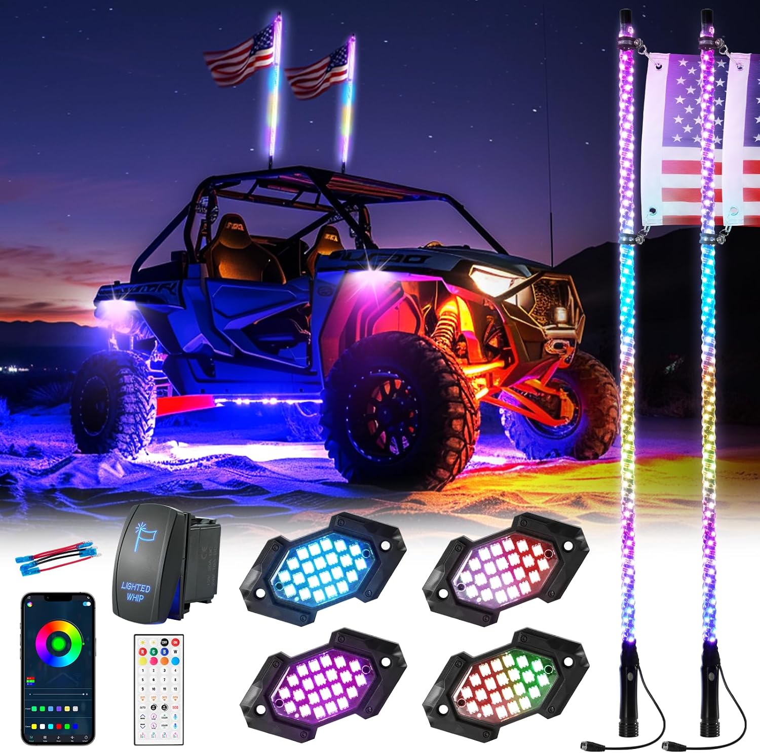 2PCS 4FT Whip Light and 4PCS Rock Light Combo Kit with Spring Base, Switch, App Control, Universal for UTV/ATV/RZR/SxS/Can-am