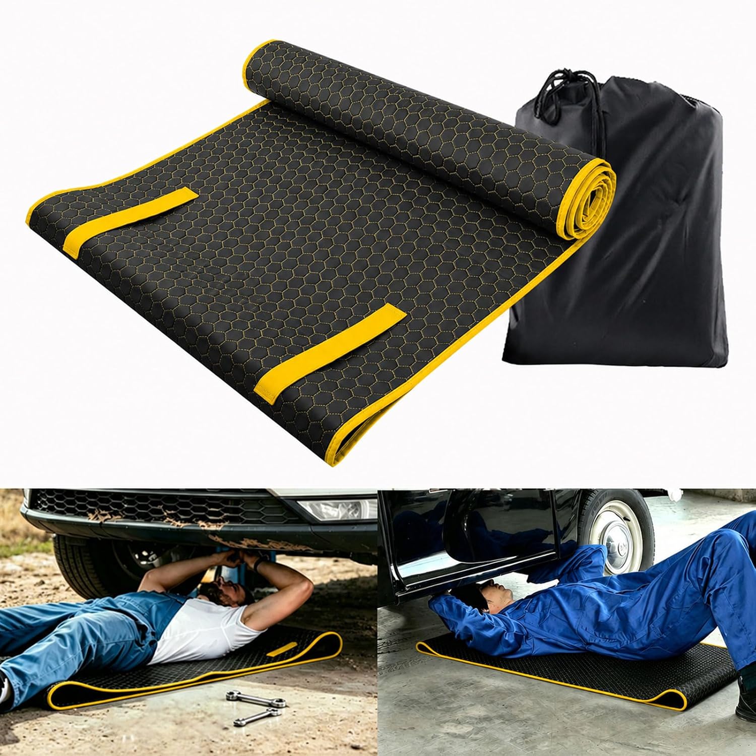 SUNCARACCL Upgrade Magic Rolling Creeper Mat, Under Car Repair Pad, 60x28 Inch Mechanics Mat for Low Clearance, Automotive Creeper Mat with Portable Storage Bag, Working on Uneven Road (Yellow)