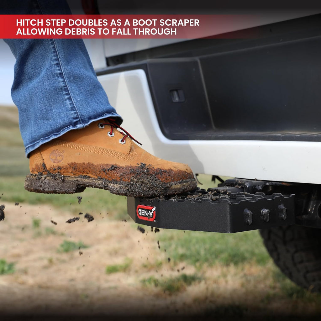 GEN-Y Hitch Serrated Hitch Step, Black, Fits 2-Inch Receiver | 400 LB Capacity, Non-Slip Design, Great for Scraping Boots & Shoes, For Truck or Hitch