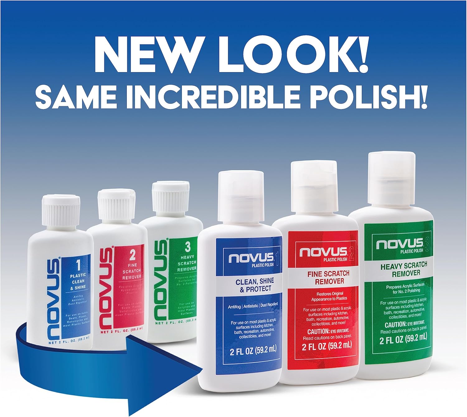 NOVUS-PK1-2 | Plastic Clean & Shine #1, Fine Scratch Remover #2, Heavy Scratch Remover #3 and Polish Mates Pack | 2 Ounce Bottles