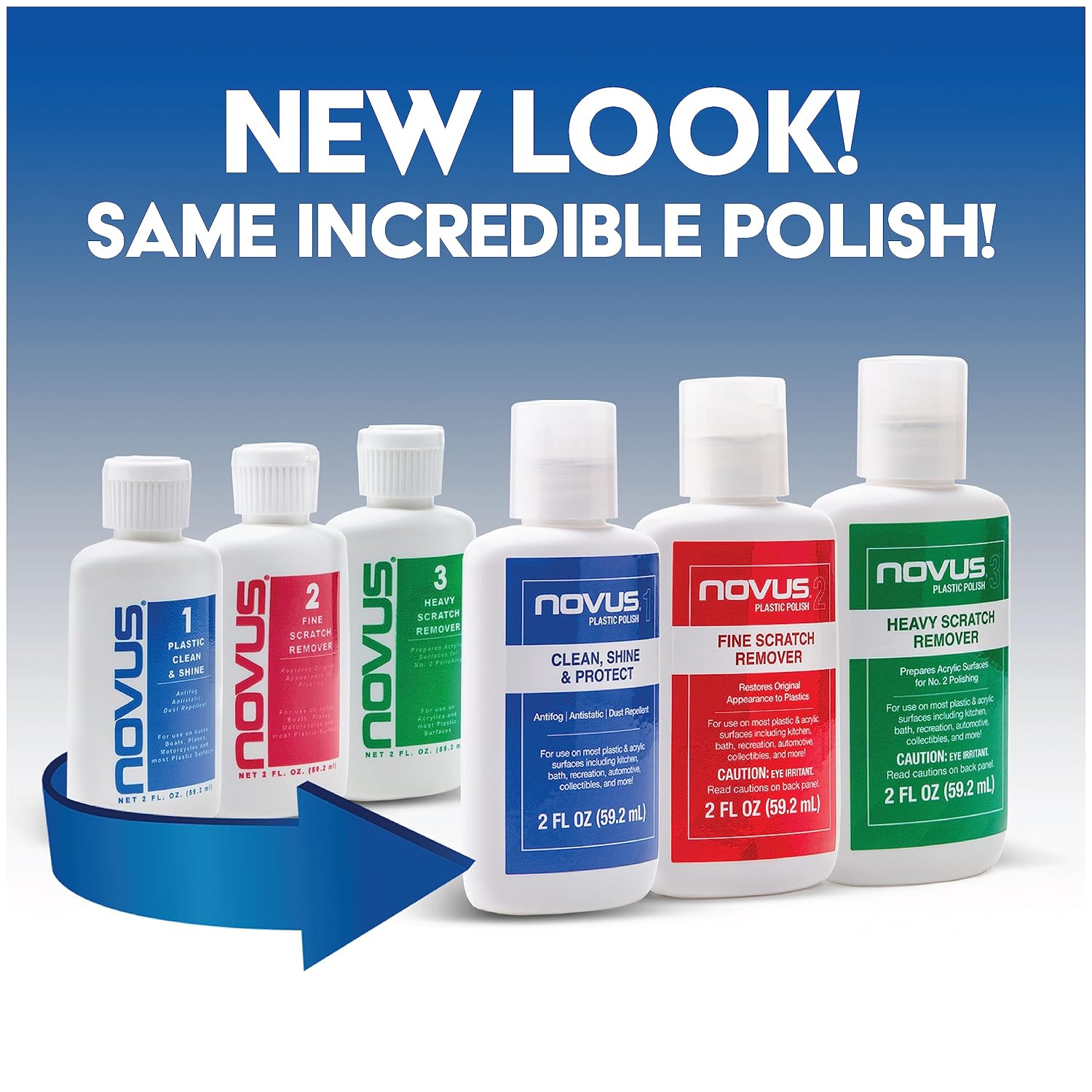 NOVUS-PK1-8 | Plastic Clean & Shine #1, Fine Scratch Remover #2, Heavy Scratch Remover #3 and Polish Mates Pack | 8 Ounce Bottles | Automotive Detailing Supplies & Plastic Restorer for Cars