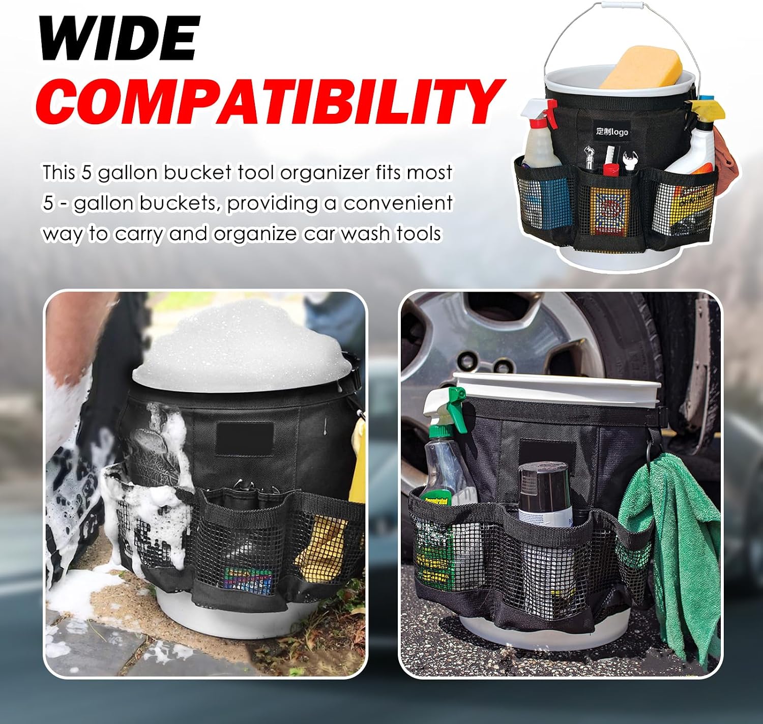5 Gallon Bucket Tool Organizer,Car Wash Bucket Organizer | Multi-Purpose with 6 Mesh Pockets for Tool Storage,Universal 5 Gallon Buckets Tools Bag for Car Detailing & Care