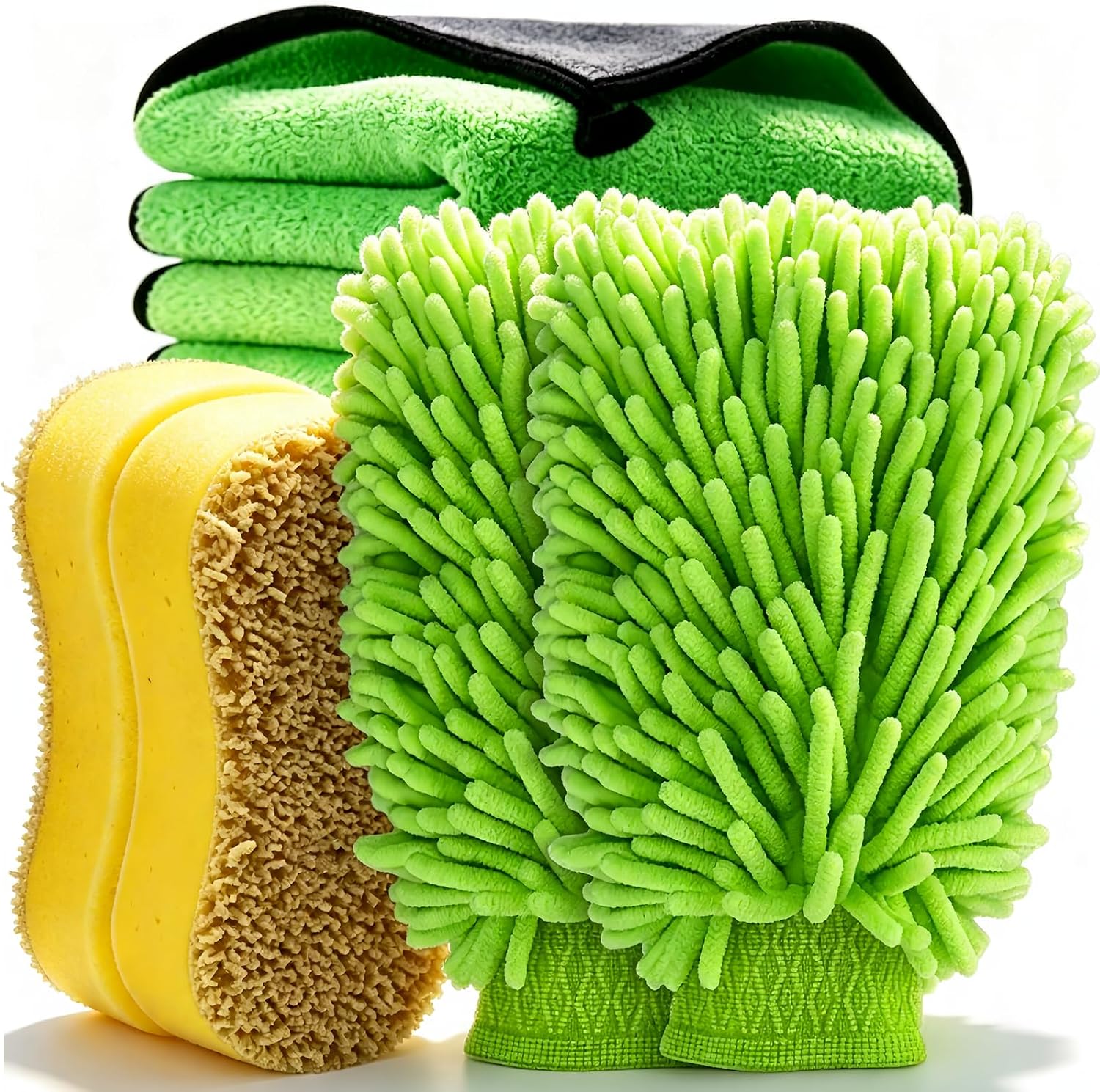 6PCS Microfiber Car Wash Mitt - Car Wash Gloves Kit with Microfiber Cleaning Cloth and Car Wash Sponge for Car Washing, Trucks, SUVs, Motorcycles Cleaning Detailing Polish