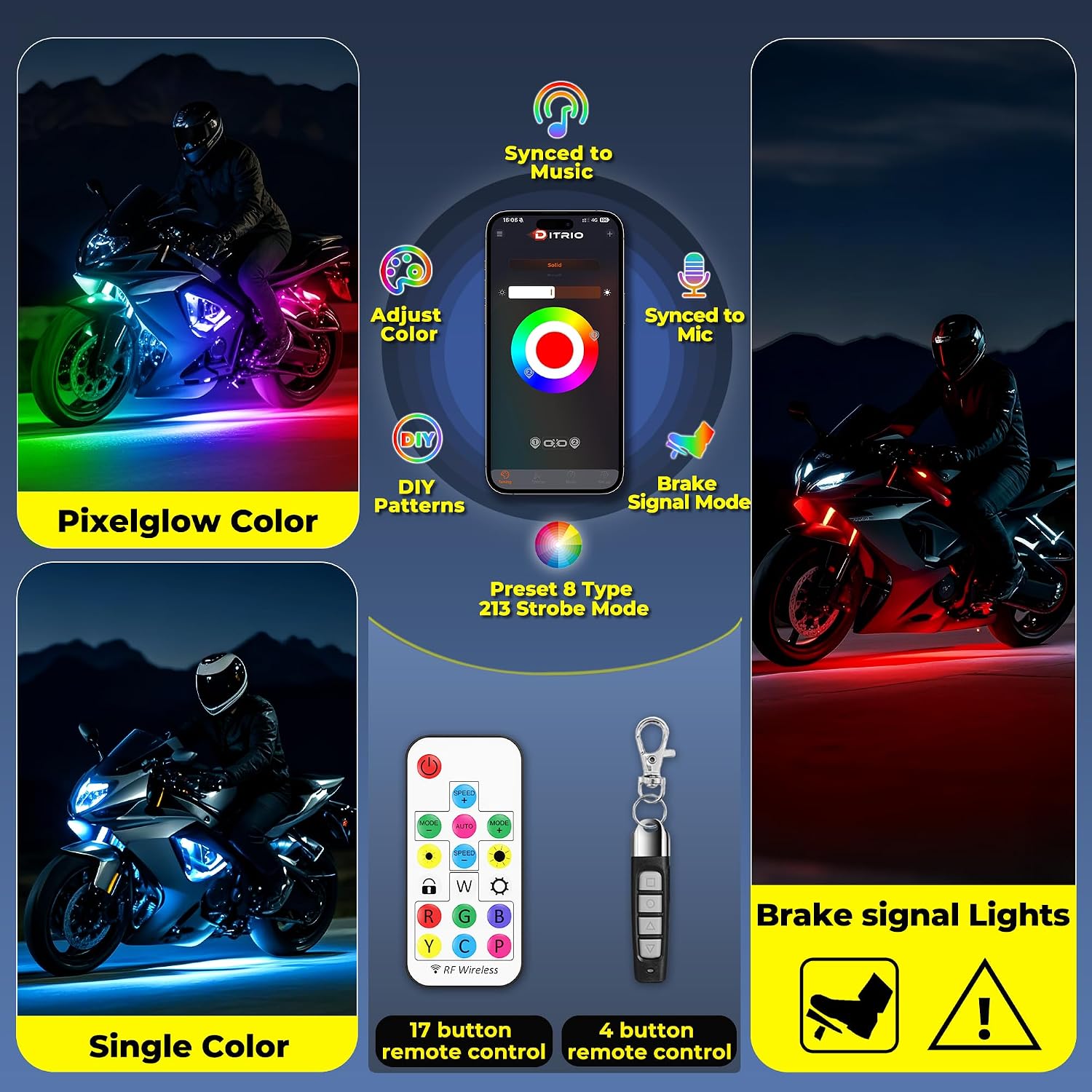 8PCS Motorcycle Led Lights with Brake Turn Signal,Underglow Light Kits with DITRIO APP/RF Remote Control, Dual Zone,Waterproof,12V Pixelglow Led RGB Lights for Motorcycles, Golf Carts, ATVs, UTVs