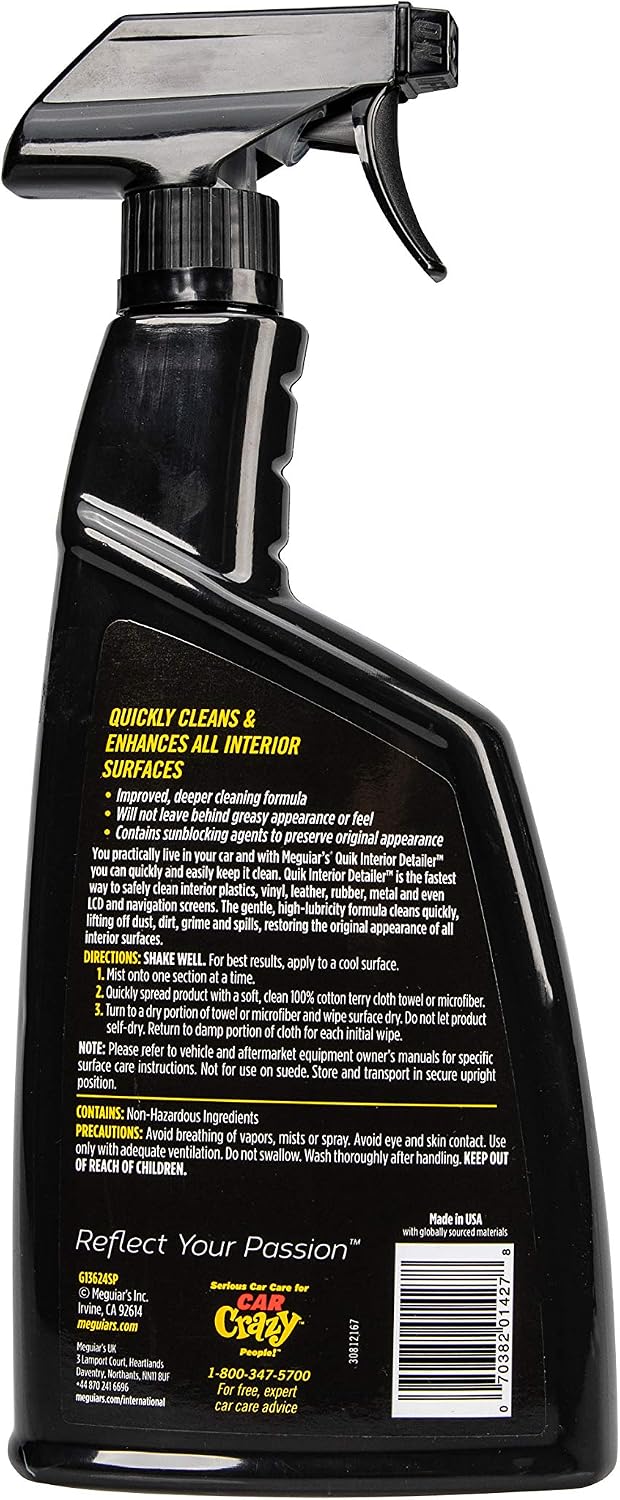 Meguiar's Quik Interior Detailer Cleaner, Quick Detailer Spray Cleans And Refresh Car Interiors, Use On Plastics, Leather & Rubber, Dashboards, Trim In Cars, Trucks & Suvs - 24 Oz Spray Bottle