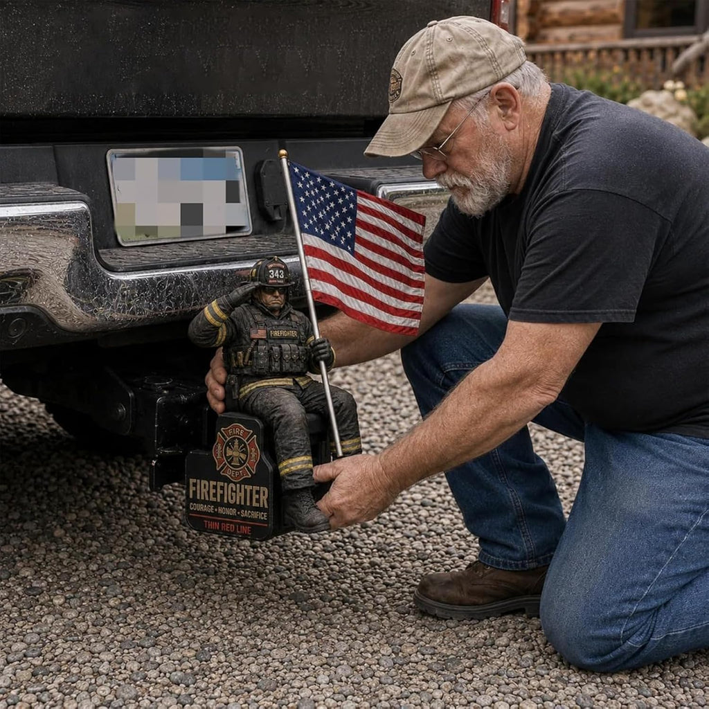 Firefighter Thin Red Line Tribute Trailer Hitch Cover,New Hitch Cover with Saluting Firefighter & American Flag, Fits 1.25" & 2" Hitch Receivers for Pickup,SUVs,Trucks,Jeeps (2 Inch Tube)