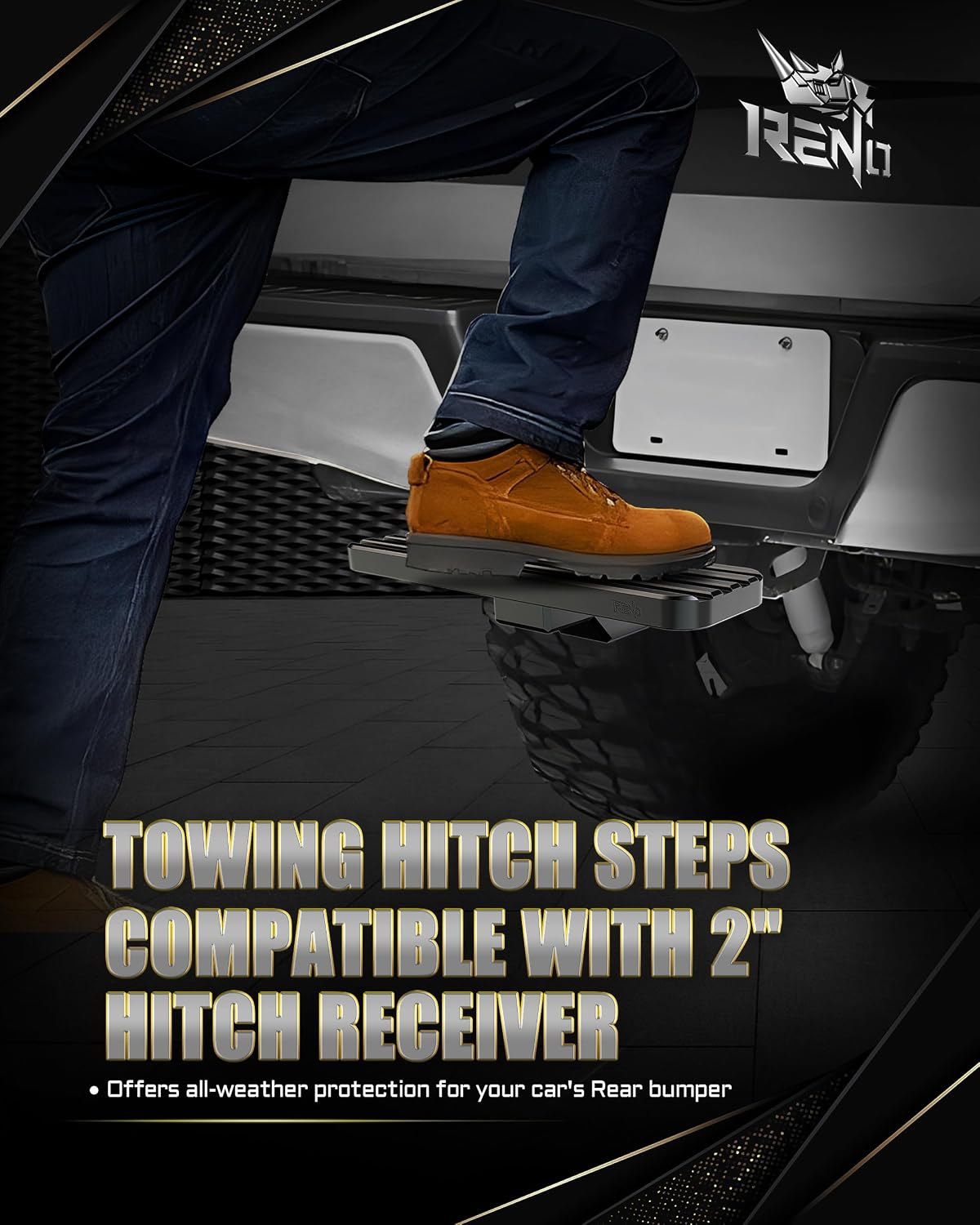 RENO Hitch Step, Rear Bumper Guard Protector Compatible with 2" Receiver Truck Car SUV Vehicles Bumper Step (Aluminium, Black, 1Pack)