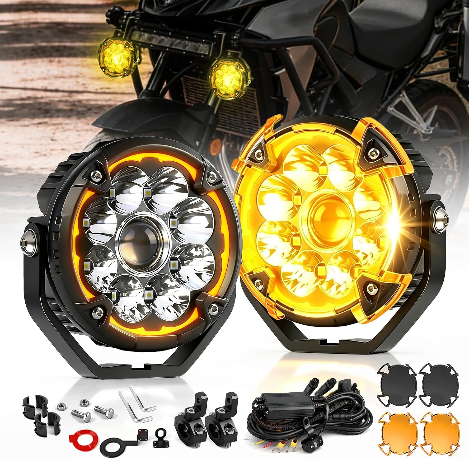 CO LIGHT 5 Inch Motorcycle Fog Lights 150W White/Yellow Auxiliary Lights Hilo Beam Amber DRL LED Pod Lights with Amber/Black Mask Wiring Harness for Motorcycle ATV UTV Night Riding ADV Touring 2PCS