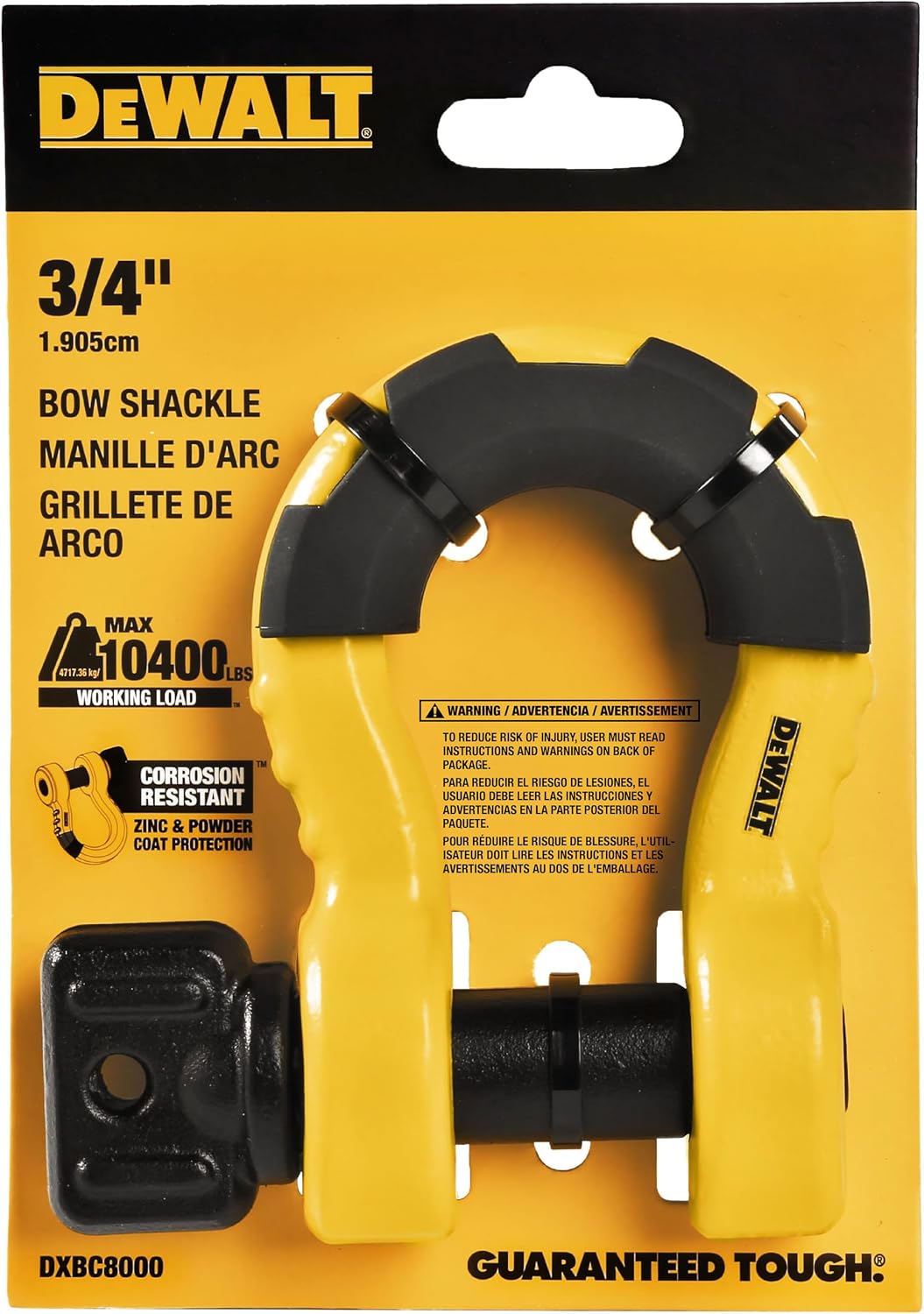 DEWALT DXBC8000 Black/Yellow 3/4" Bow Shackle with 7/8" Pin (10,400 lb Work Strength) - Towing, Winching, Vehicle Recovery