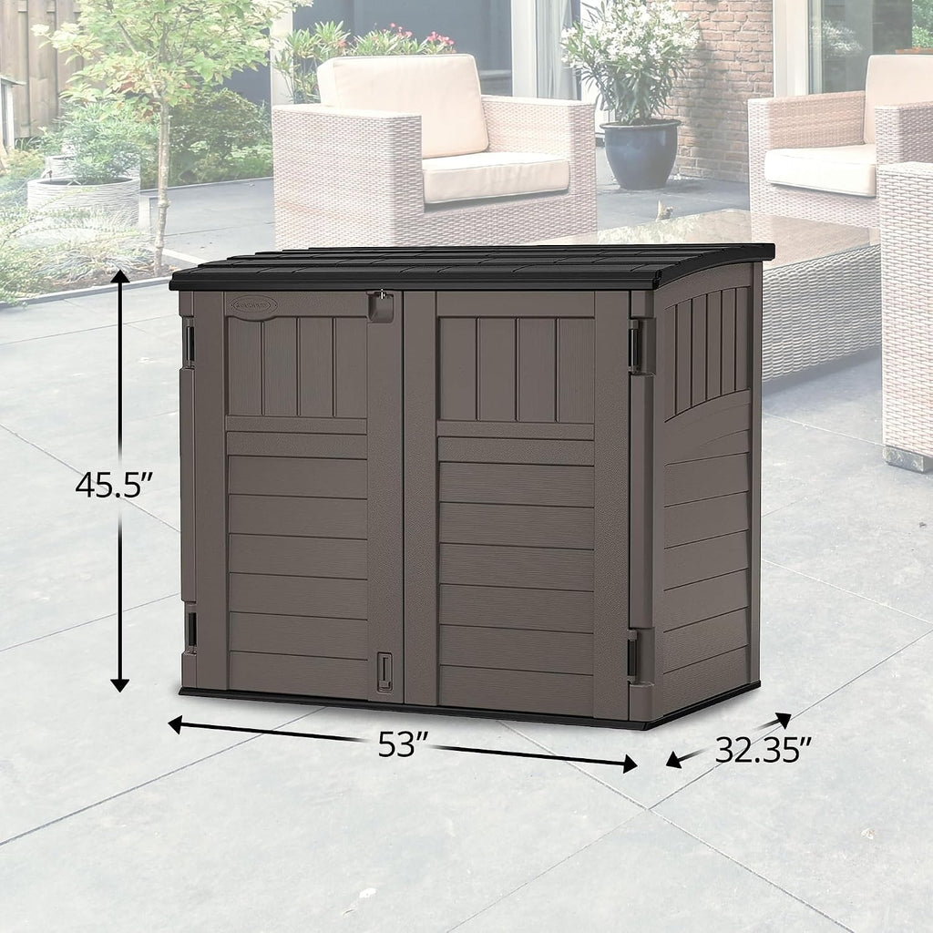suncast 34 cu ft horizontal storage shed, resin shown in use