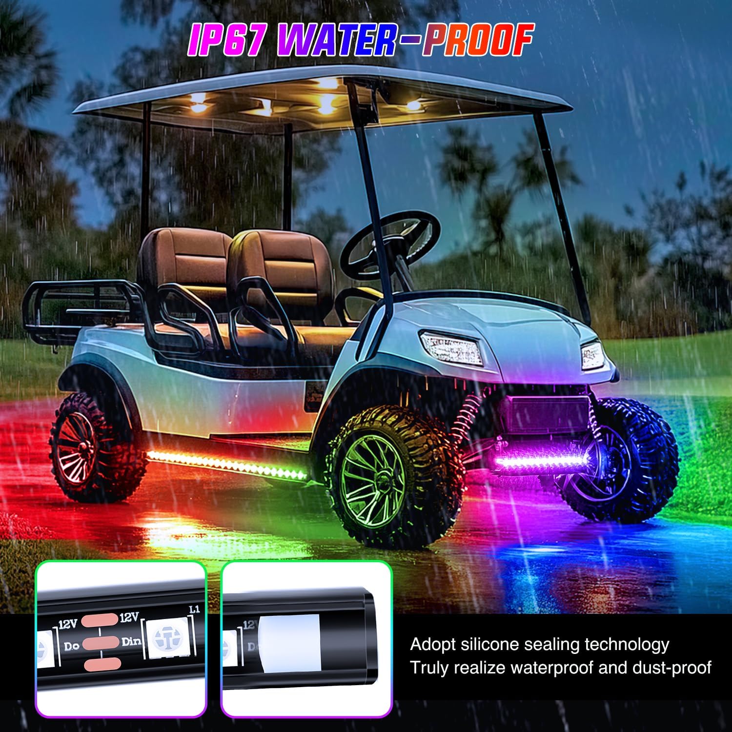 Nilight 4PCS Golf Cart Underglow LED Light Strip Dream Color Multi-Mode Neon Accent Lighting Kit APP and Remote Control Sound Active Music Sync IP67 Waterproof 12V-66V Input for EZGO Yamaha Club Car