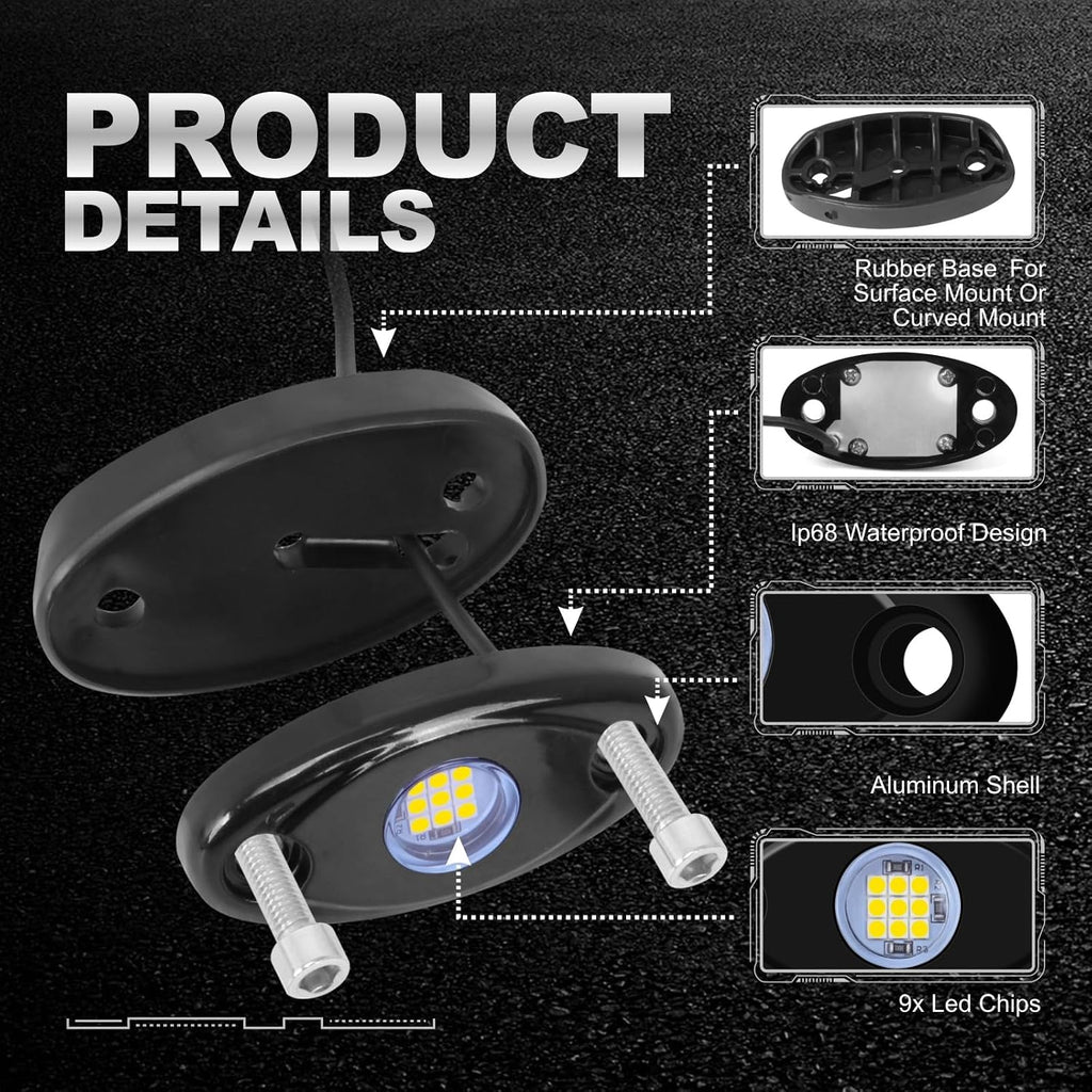 4Pods LED Rock Lights White LED Neon Underglow Light for Car Truck ATV UTV SUV Boat Underbody Glow Trail Rig Lamp Waterproof (White)