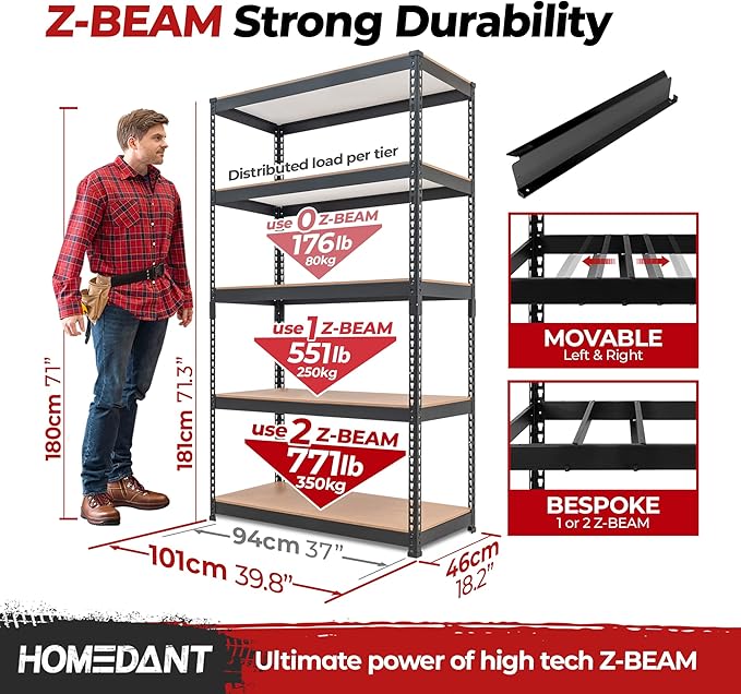 HOMEDANT 5-Tier Laminated Boltless Heavy Duty Metal Shelving Unit Adjustable - Image 2